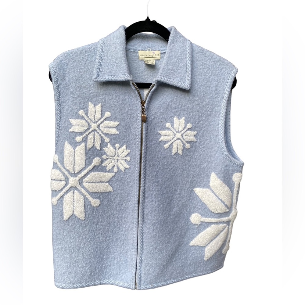 Vintage Laura Leigh Large Light Blue Boiled Wool Snowflake Vest